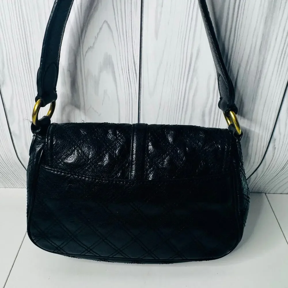 Antonio Melani Black Gold Quilted Leather Purse Handbag Shoulder Bag Y2K